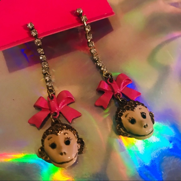 Betsey Johnson monkey earrings pink bow crystal long dangle...
